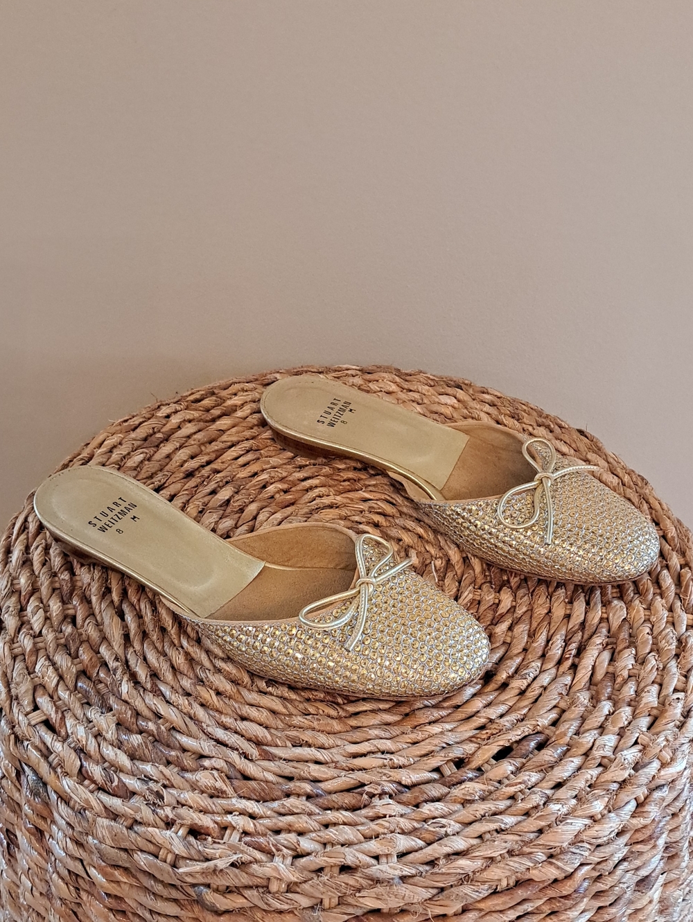 Stuart Weitzman Womens Sprite Luxury Metallic Gold Sequin Mule Ballet Flats 8